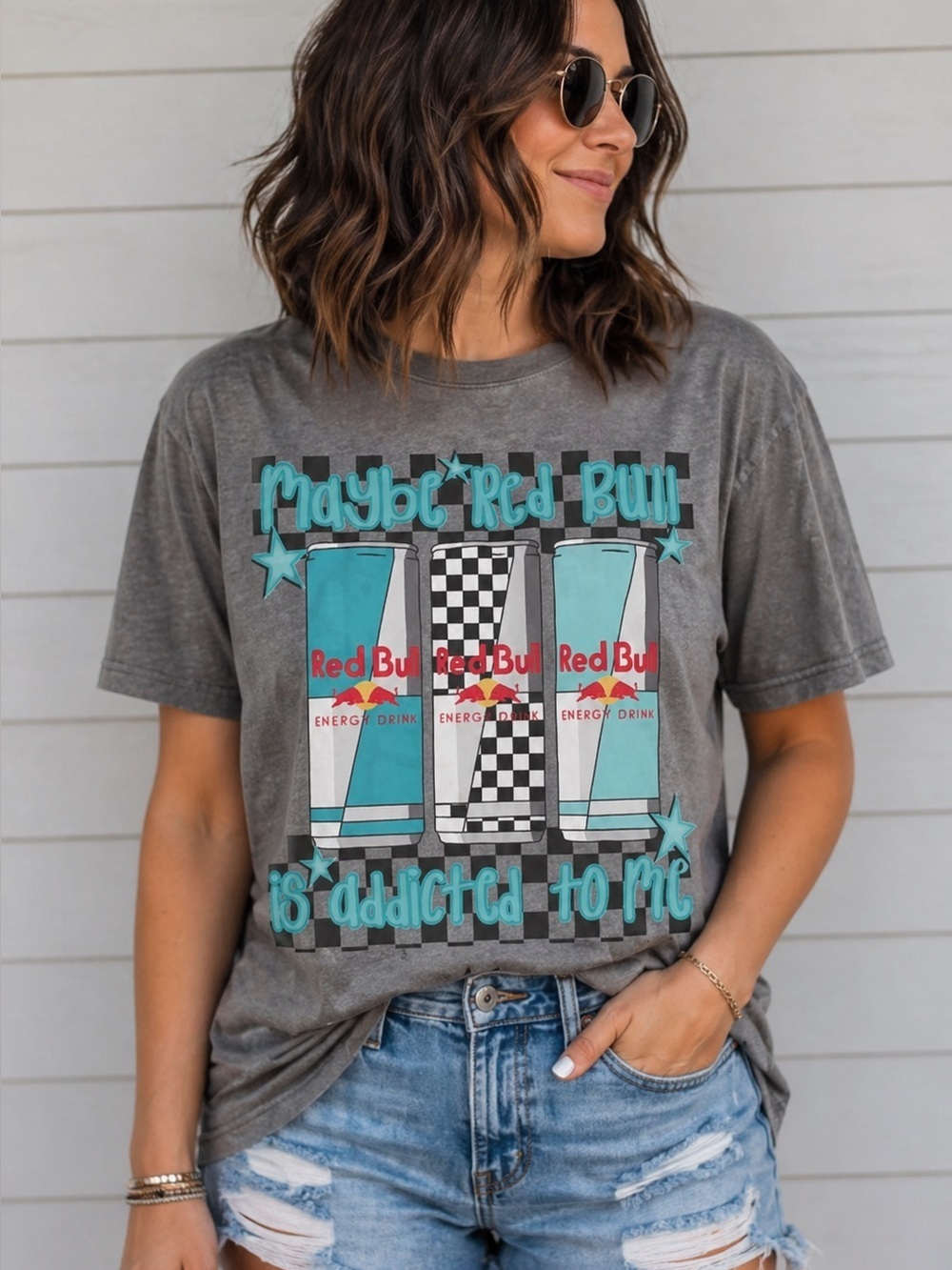 Maybe Red Bull Graphic Tee Size Large New Gray Checkered Retro Y2K Graphic Shirt